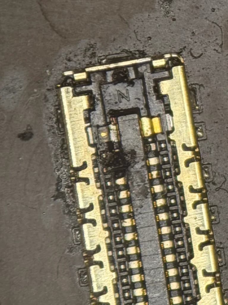 Microscope close-up of damaged contacts inside a board connector